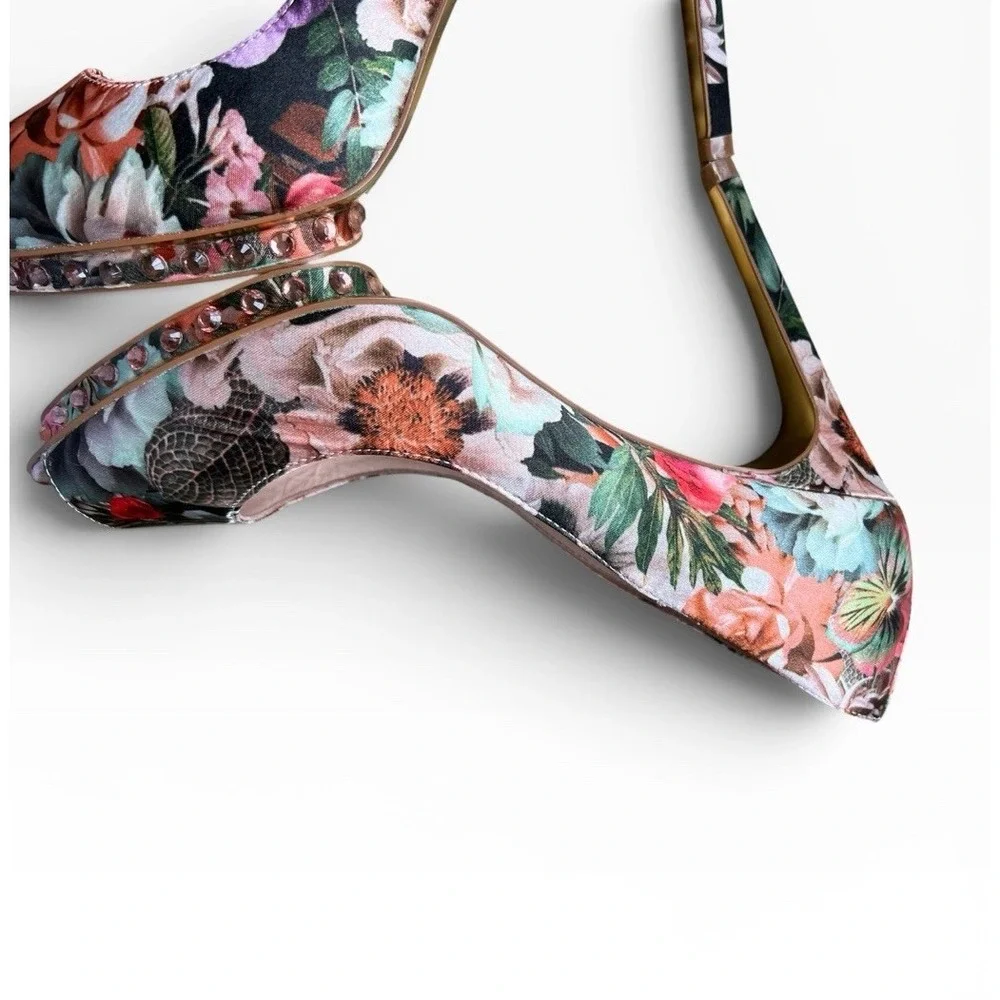 Ted Baker Leonar Floral Satin Peep Toe Platform Heels Rhinestone US 7.5 GORGEOUS